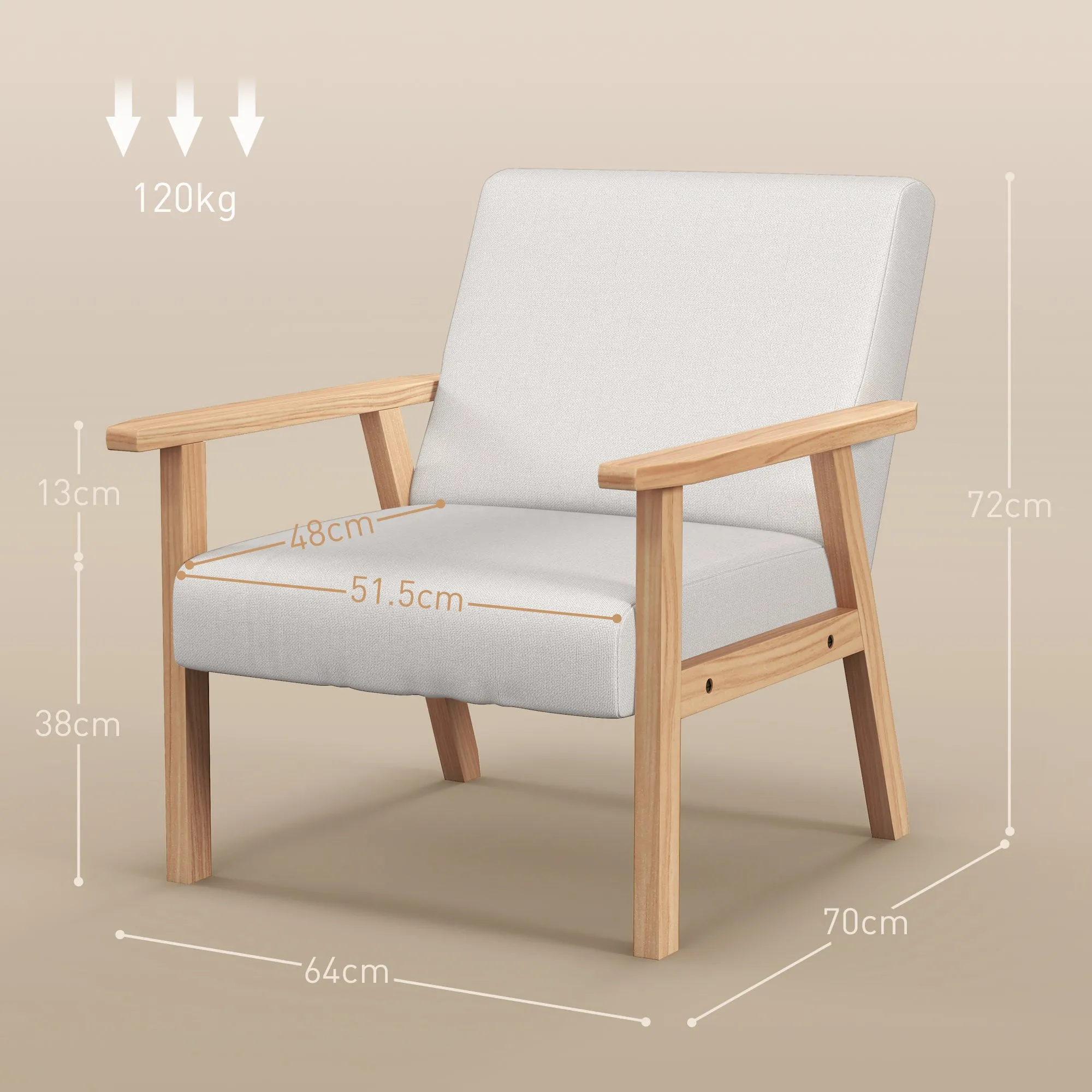 Accent Chair with Wood Frame Wide Seat Linen Armchair Cream White