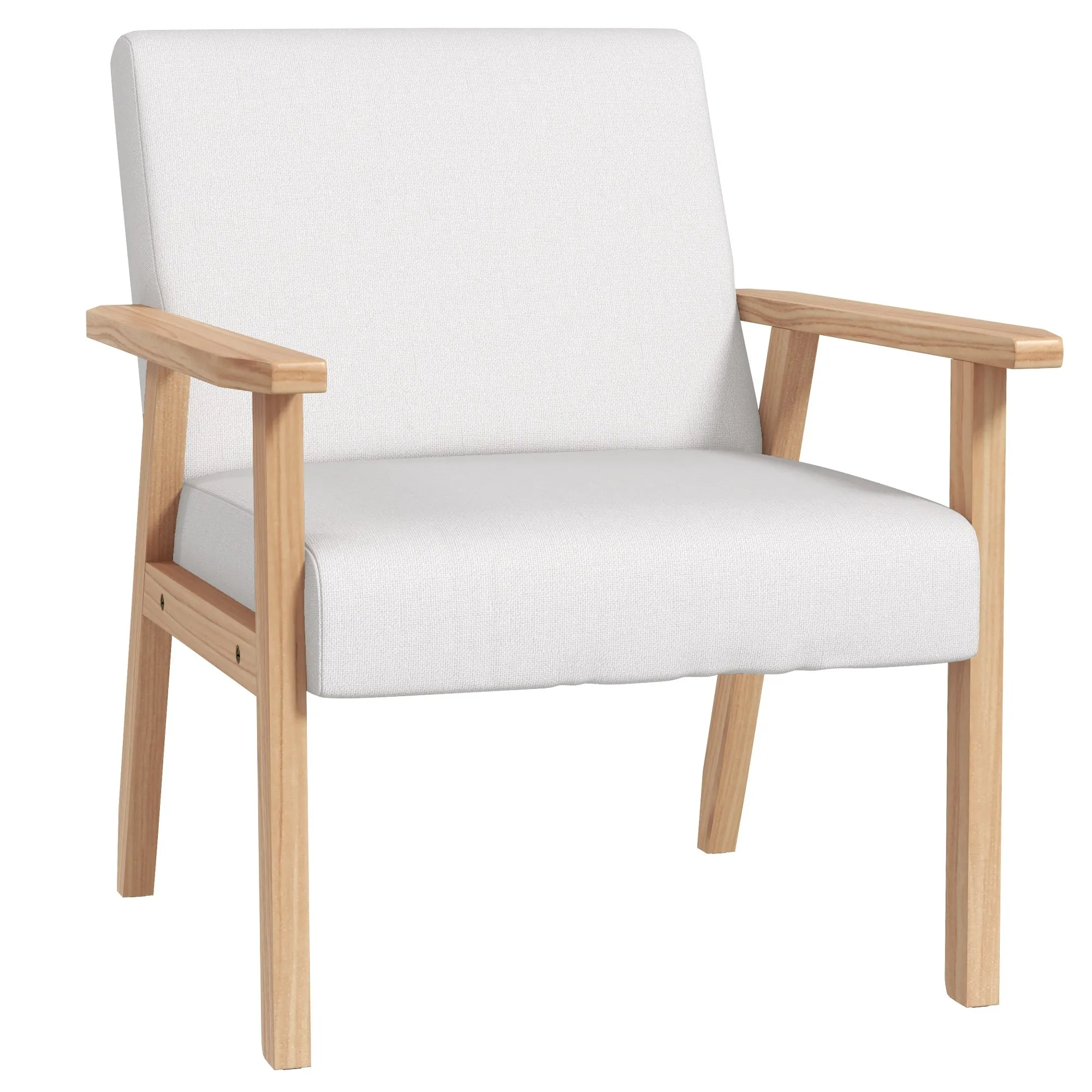 Accent Chair with Wood Frame Wide Seat Linen Armchair Cream White