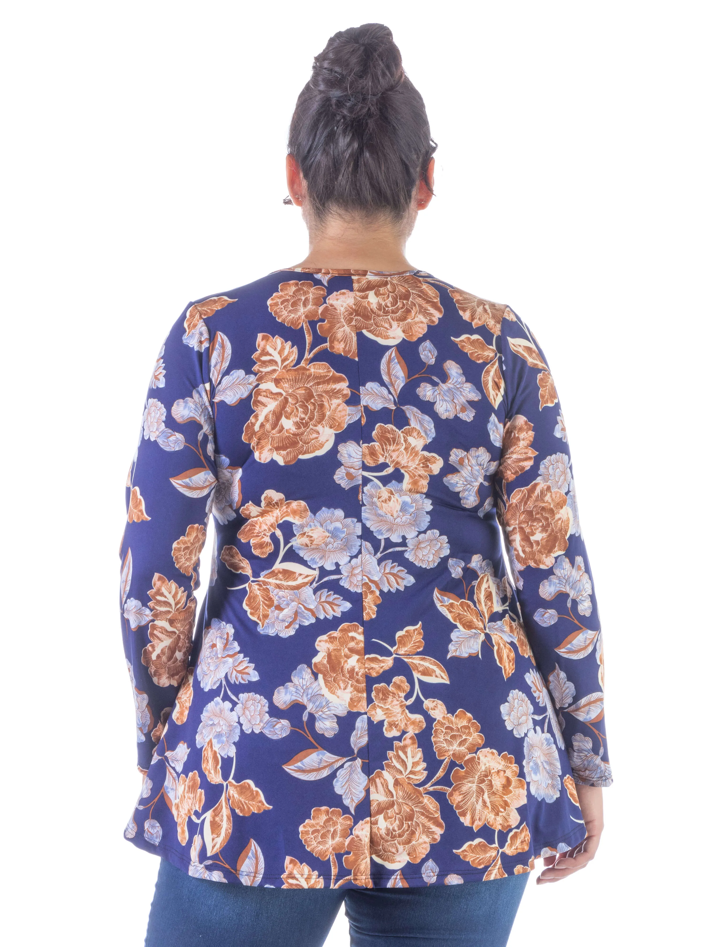 Blue Floral Long Sleeve V Neck Plus Size Tunic Top