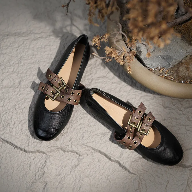 Elegant Handmade Washed Horse Leather Mary Jane Flats with Double Belts for Women