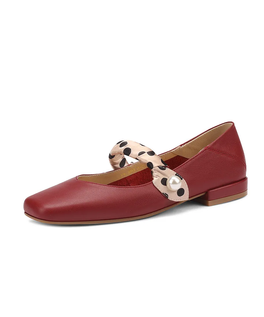 French Wine Red Soft Cowhide Leather Splicing Flats RI031