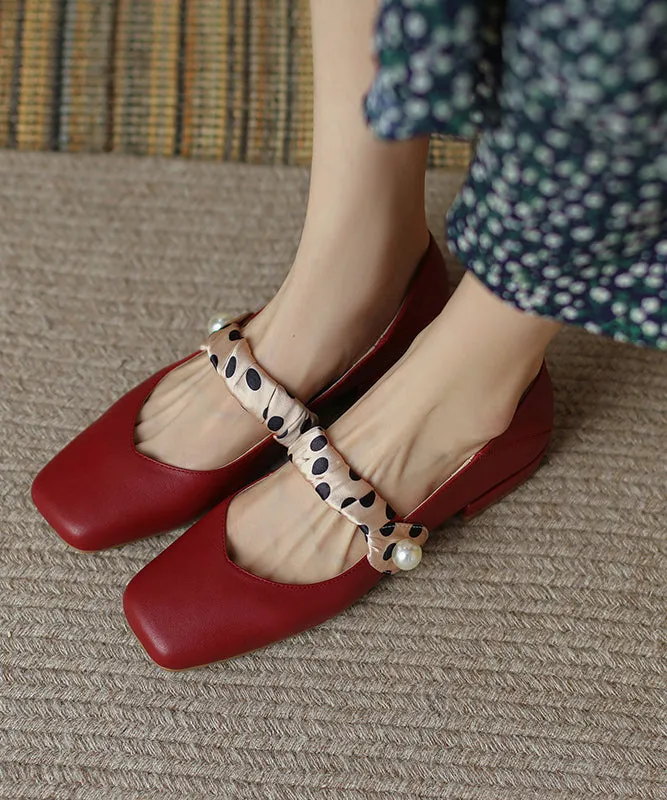 French Wine Red Soft Cowhide Leather Splicing Flats RI031