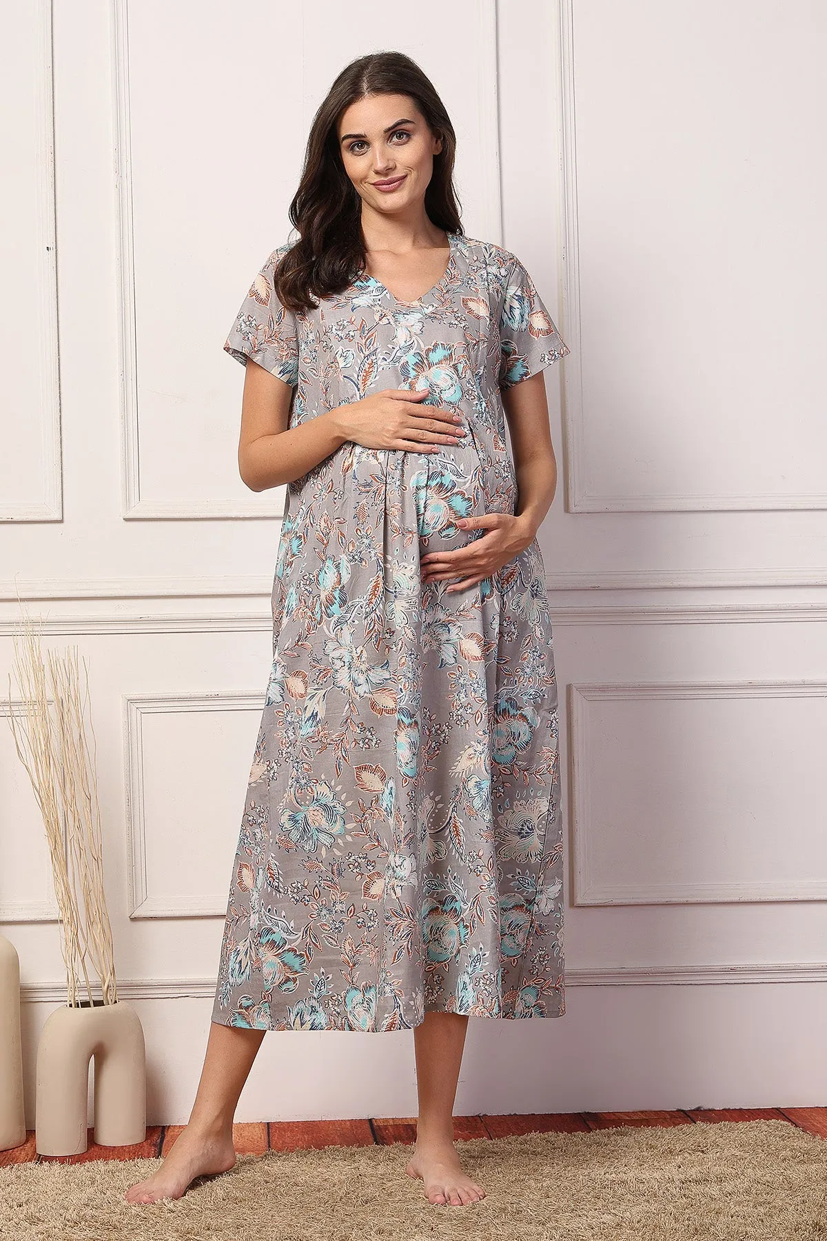 Grey Blissful Feeding Cotton Maternity Maxi