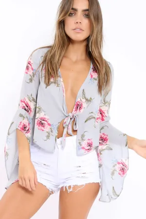 Grey Floral Tie Crop Blouse - Floy