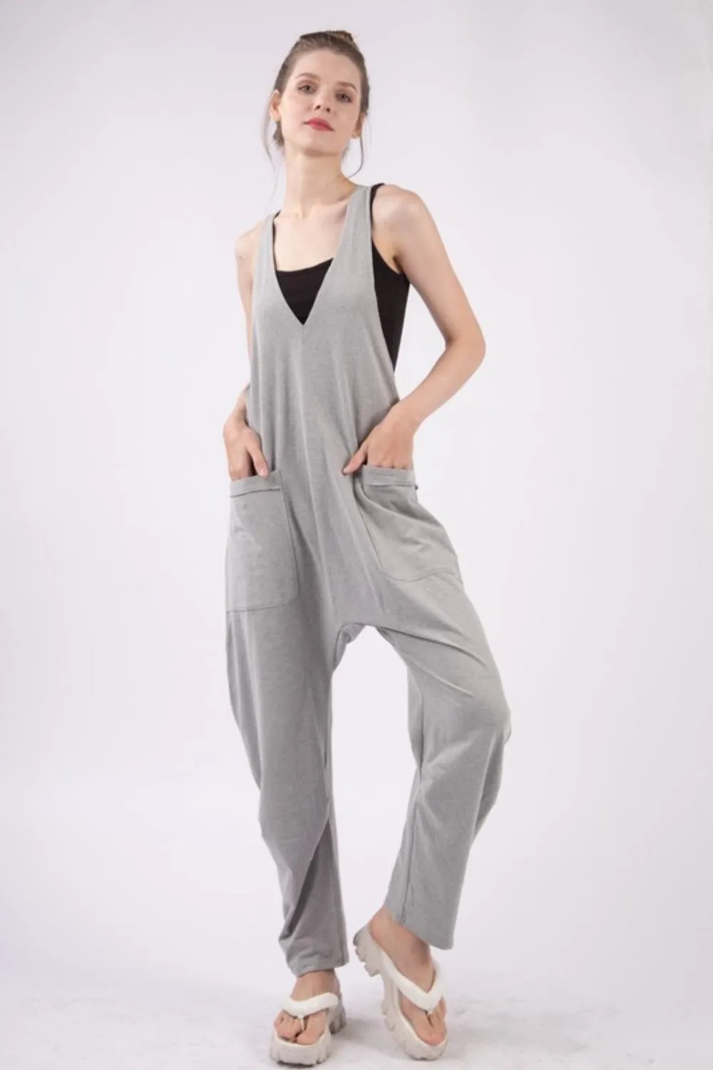 Hot Girl Basic Bae Plunge Racerback Jumpsuit with Pockets In Grey