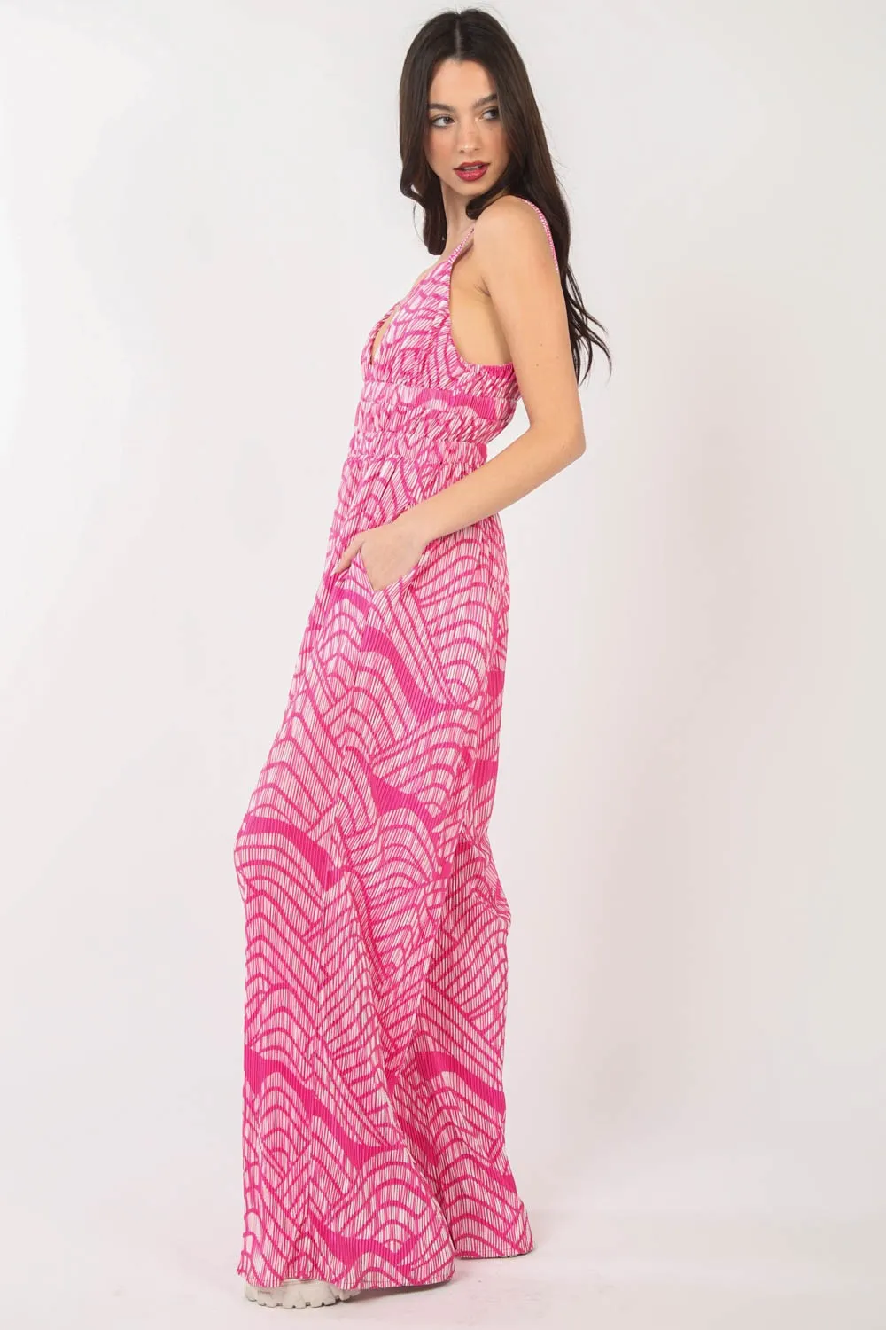 Hot Girl Geometric Pleated Sleeveless Wide Leg Jumpsuit In Hot Pink