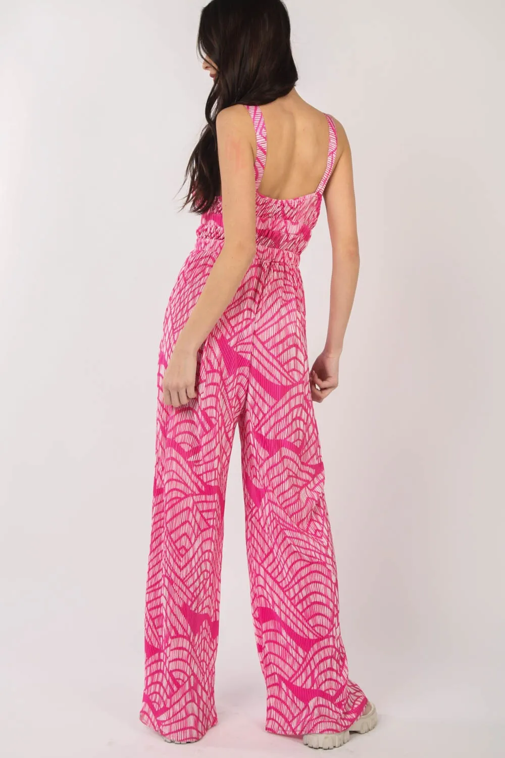 Hot Girl Geometric Pleated Sleeveless Wide Leg Jumpsuit In Hot Pink