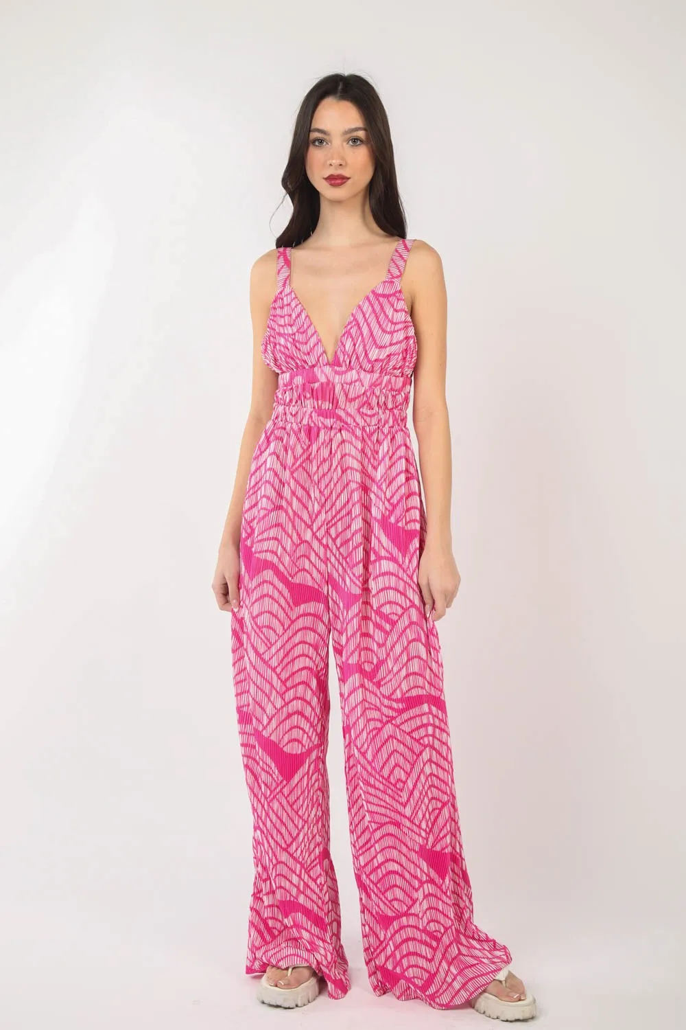 Hot Girl Geometric Pleated Sleeveless Wide Leg Jumpsuit In Hot Pink