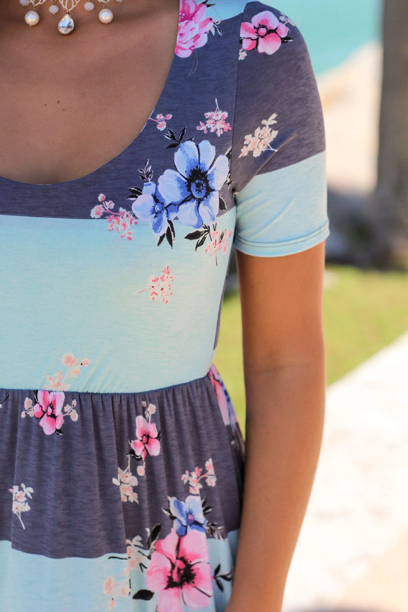 Mint and Navy Striped Floral Maxi Dress