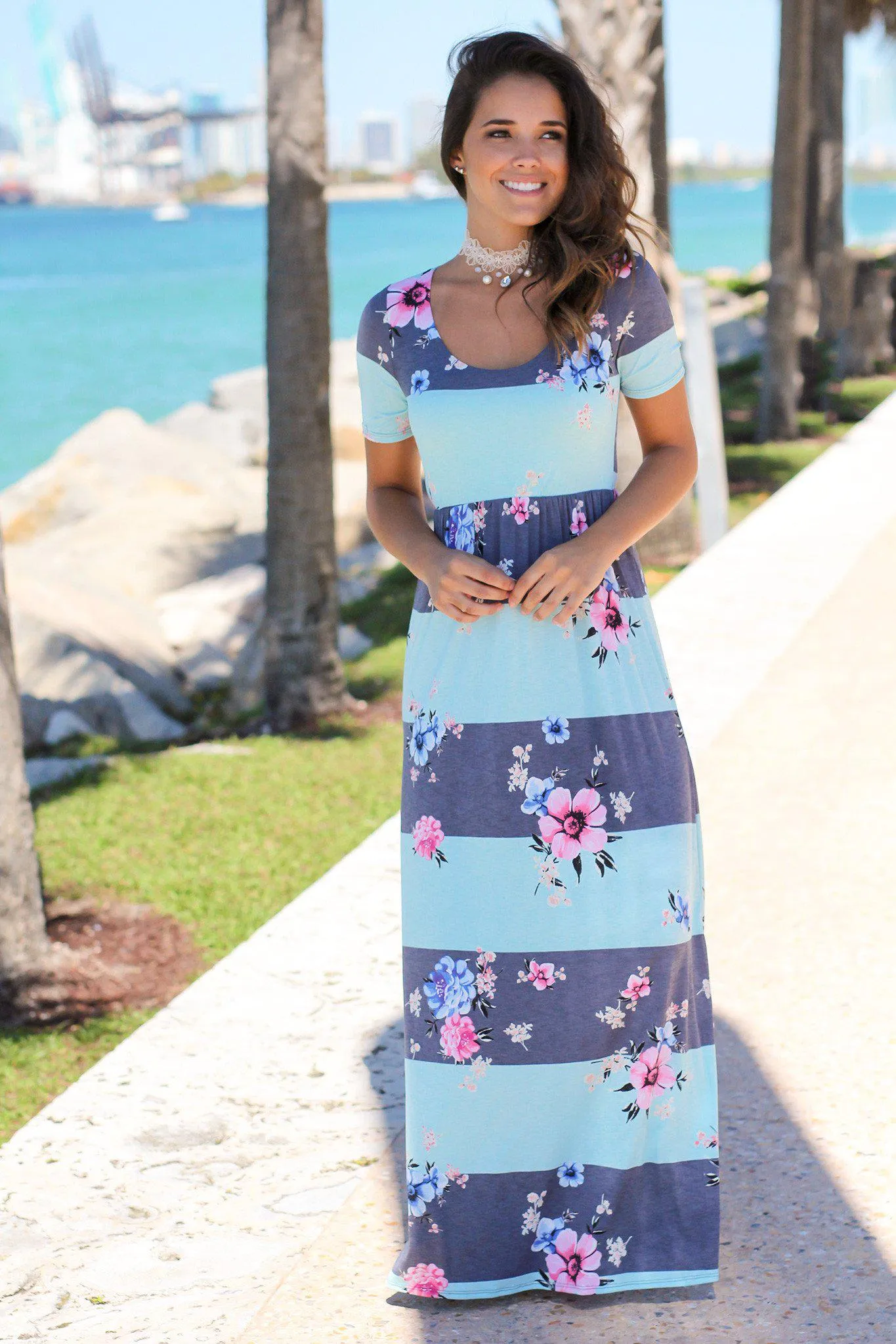 Mint and Navy Striped Floral Maxi Dress