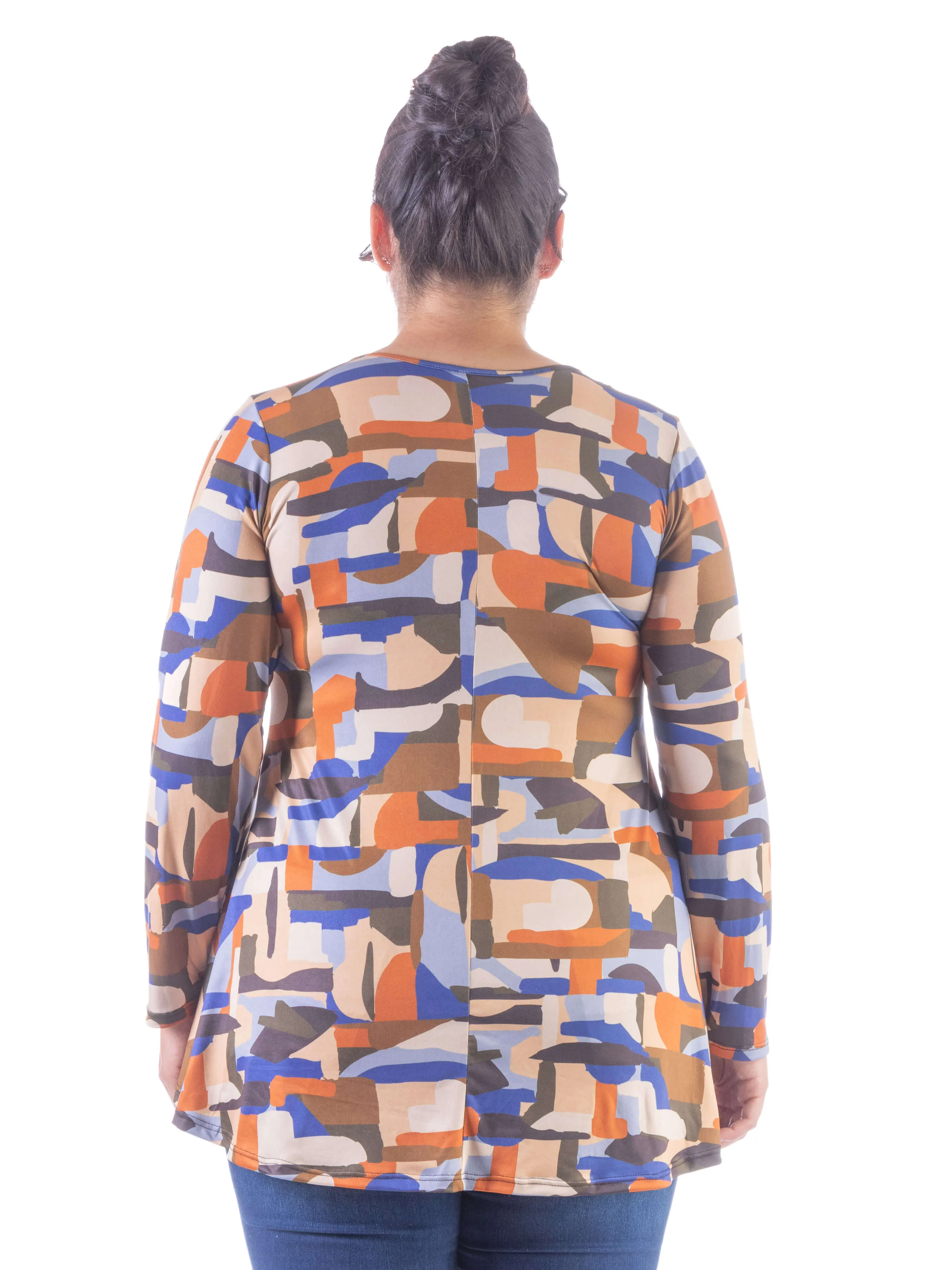 Orange Print Long Sleeve V Neck Plus Size Tunic Top