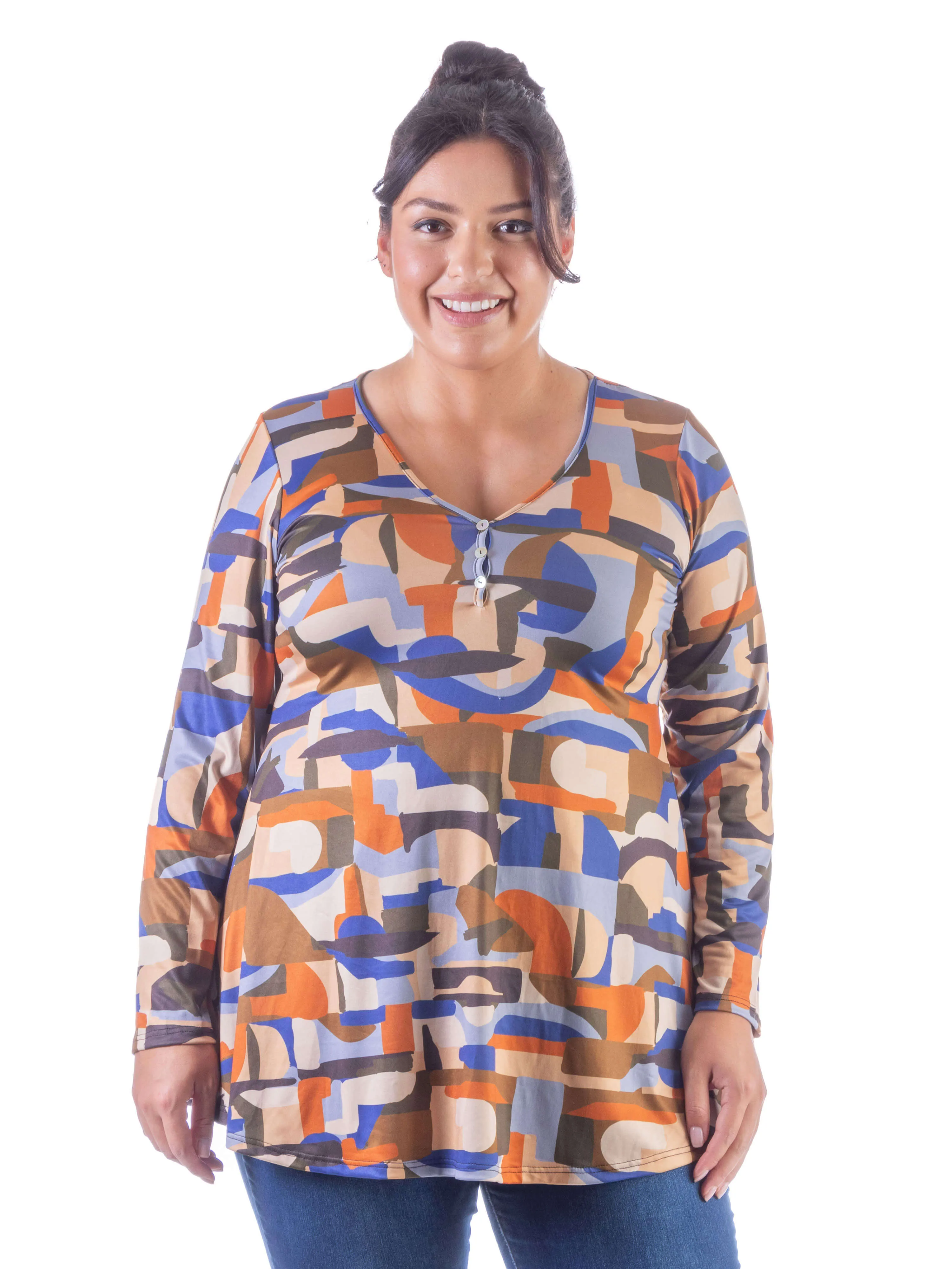 Orange Print Long Sleeve V Neck Plus Size Tunic Top