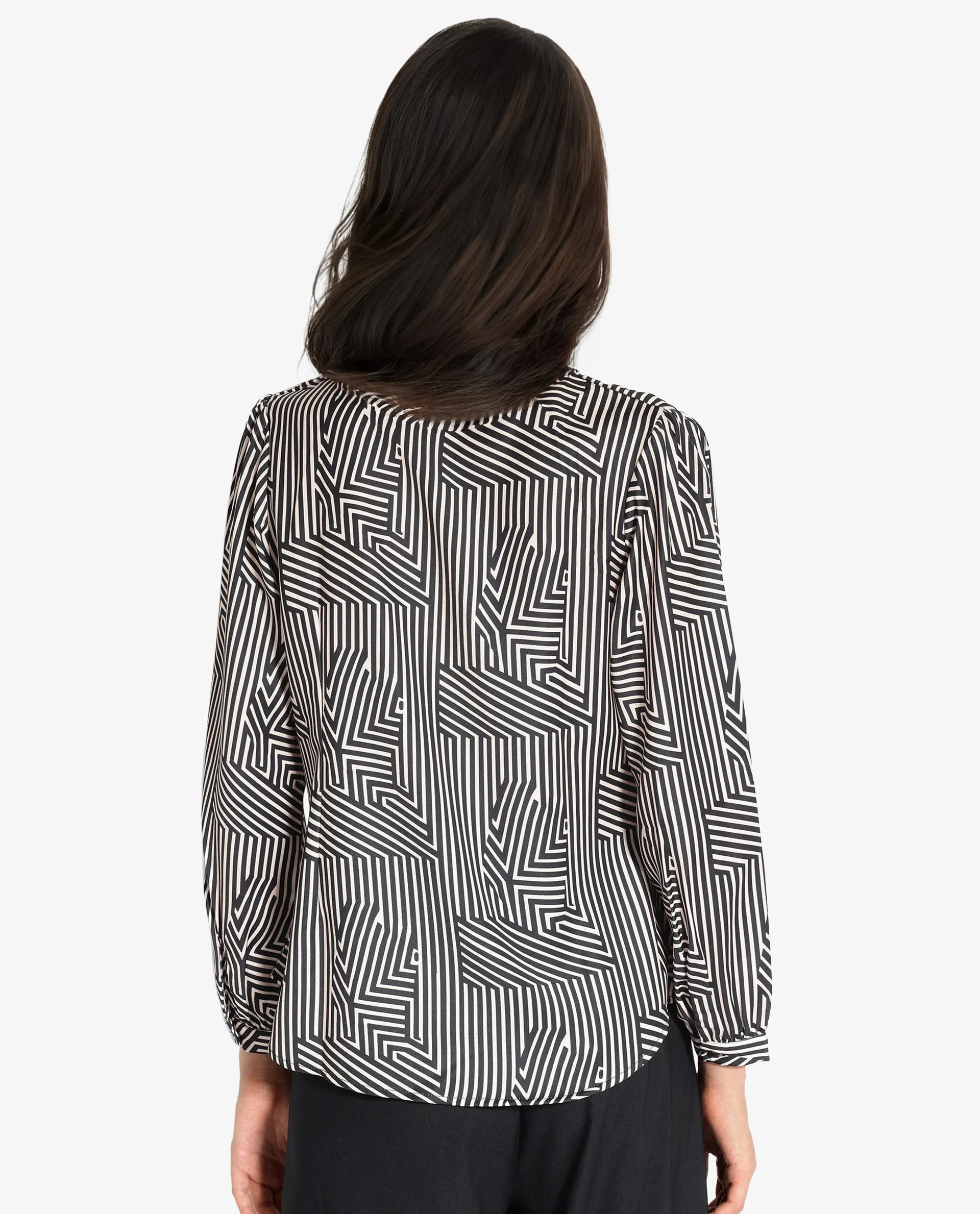 Rareism Women Alie Black Bishop Sleeve Over Lap Neck Geometric Print Top