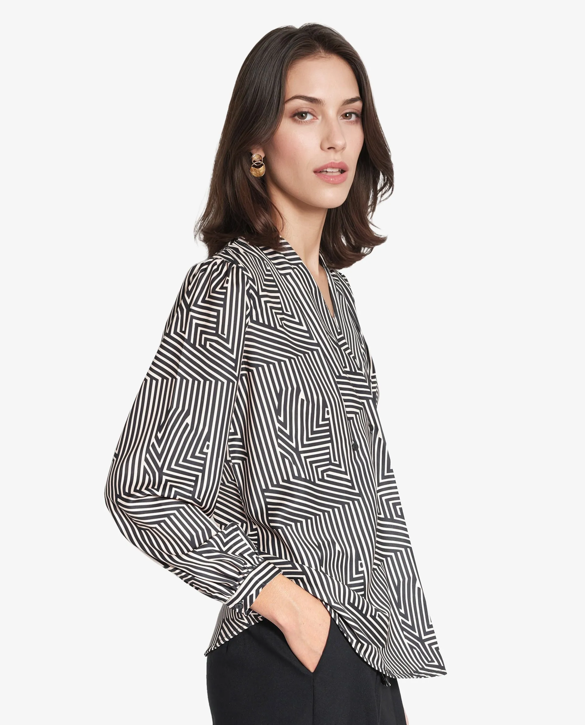 Rareism Women Alie Black Bishop Sleeve Over Lap Neck Geometric Print Top