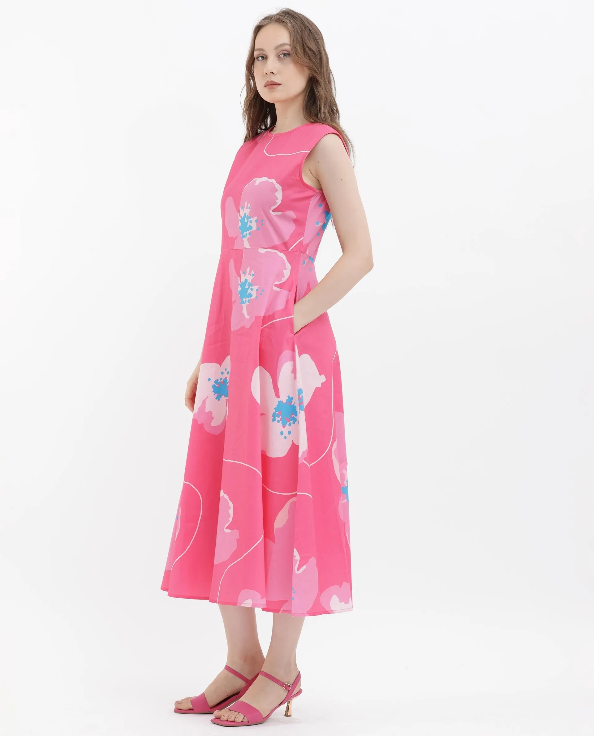 Rareism Women Jerile Flouroscent Pink Cotton Fabric Sleeveless Boat Neck Floral Print Longline Dress