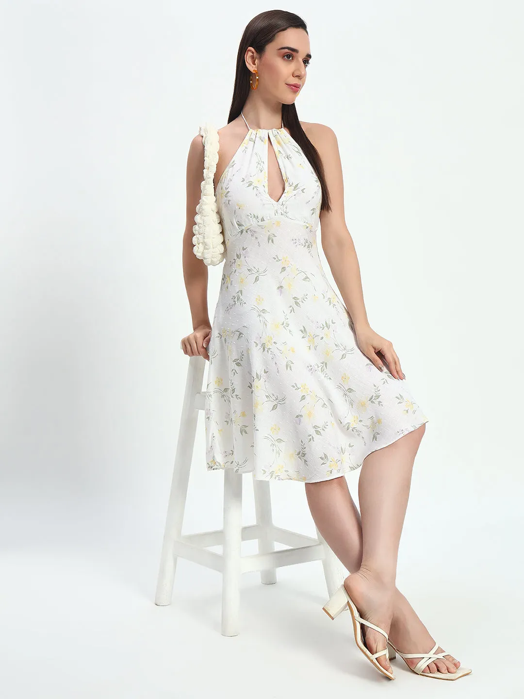 Women's Halter Neck Backless White Floral Printed Dress