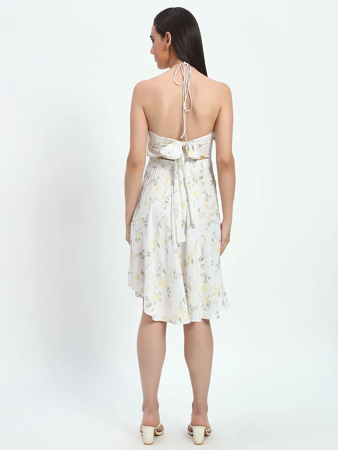 Women's Halter Neck Backless White Floral Printed Dress